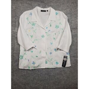 NWT Elementz Petite PL White Floral Embroidered Linen Blend Button Up Blouse